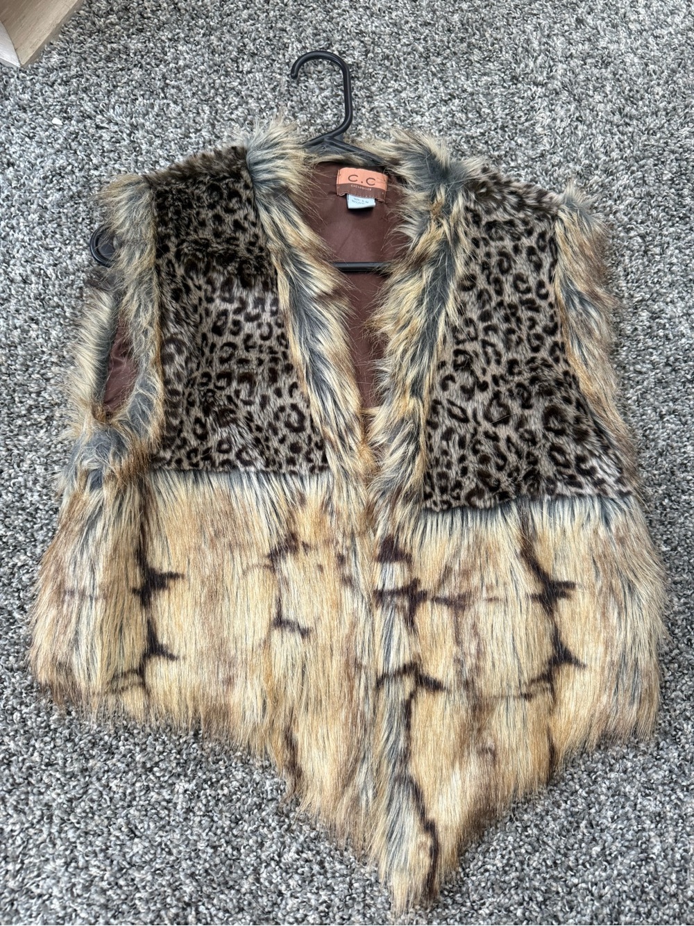C.C Leopard-Panel Faux Fur Vest in Brown and Tan